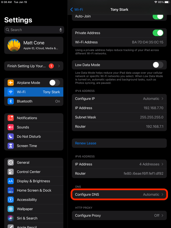 iPad network settings